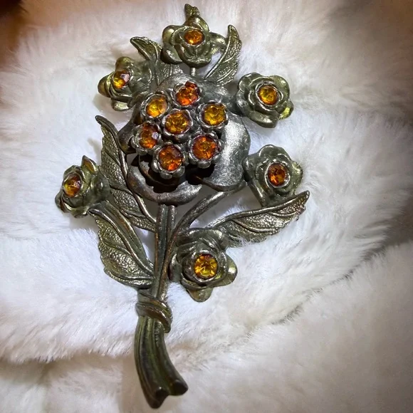 Little Nemo Flower Bunch Amber Rhinestone Bouquet LN/25 Vintage Silver Tone - Picture 1 of 12